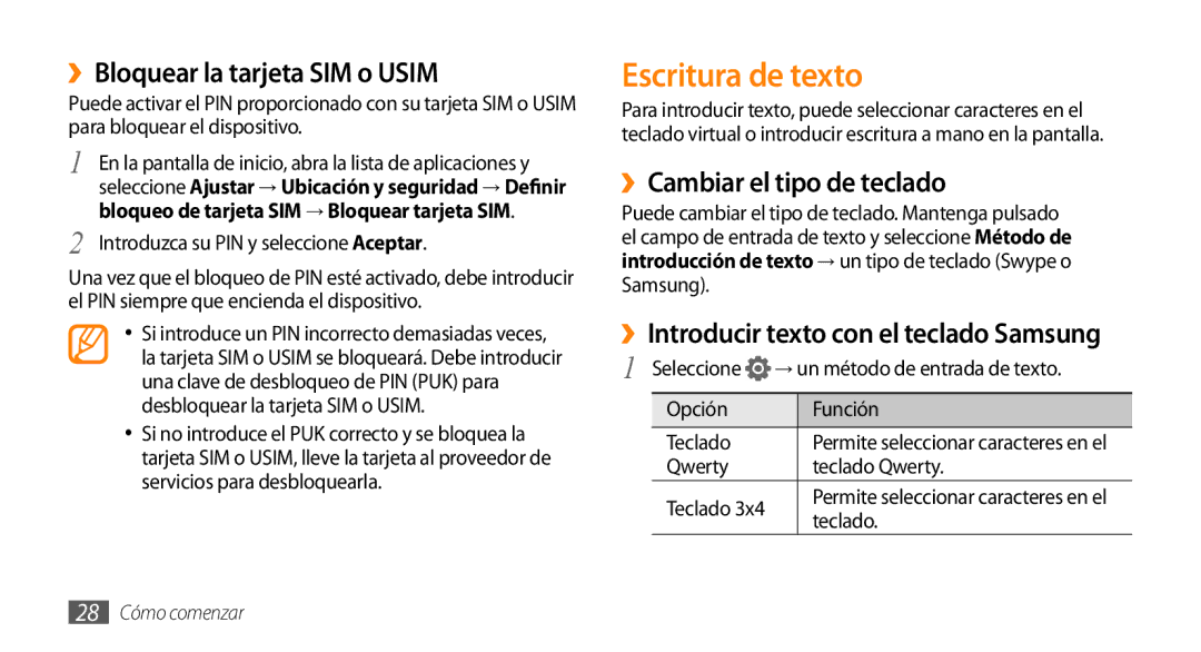 Samsung GT-I5500YKAFOP, GT-I5500CWAFOP Escritura de texto, ››Bloquear la tarjeta SIM o Usim, ››Cambiar el tipo de teclado 