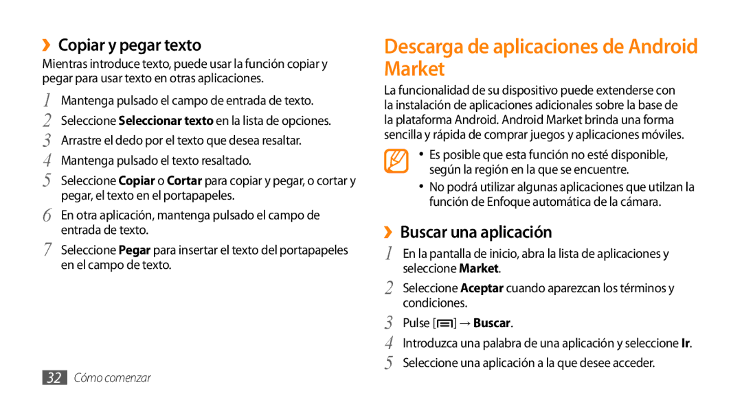 Samsung GT-I5500YKAFOP manual Descarga de aplicaciones de Android Market, ››Copiar y pegar texto, ››Buscar una aplicación 