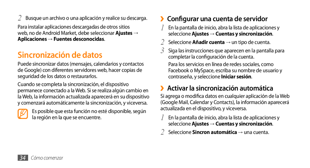 Samsung GT-I5500YKAFOP, GT-I5500CWAFOP manual Sincronización de datos, ››Configurar una cuenta de servidor 