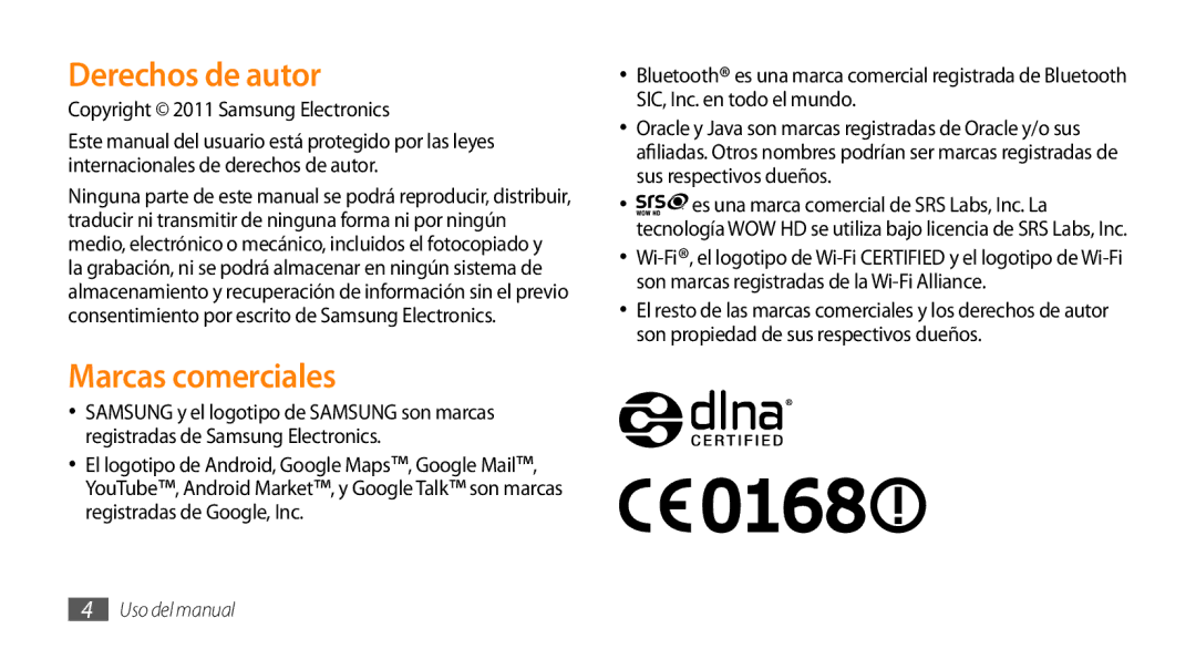 Samsung GT-I5500YKAFOP, GT-I5500CWAFOP manual Derechos de autor, Marcas comerciales, Copyright 2011 Samsung Electronics 