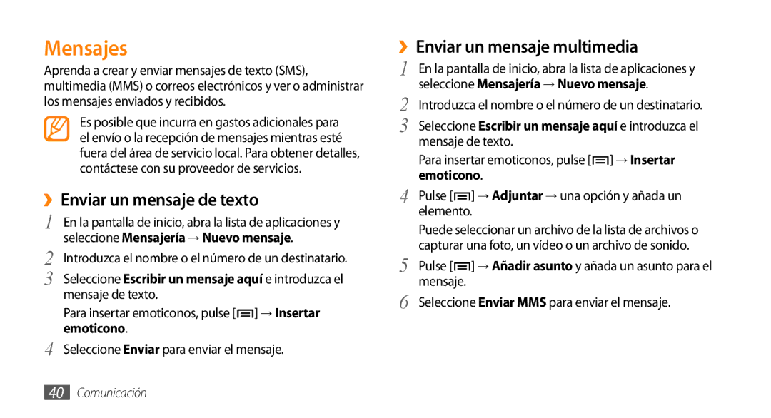 Samsung GT-I5500YKAFOP, GT-I5500CWAFOP manual Mensajes, ››Enviar un mensaje de texto, ››Enviar un mensaje multimedia 