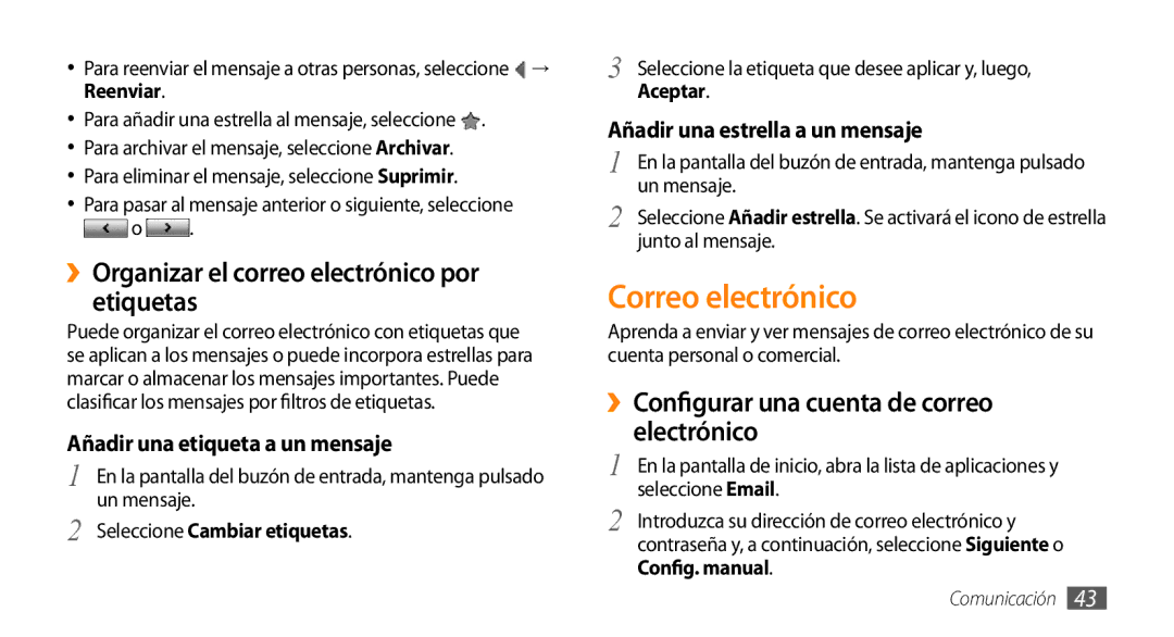 Samsung GT-I5500CWAFOP, GT-I5500YKAFOP manual Correo electrónico, ››Organizar el correo electrónico por etiquetas 