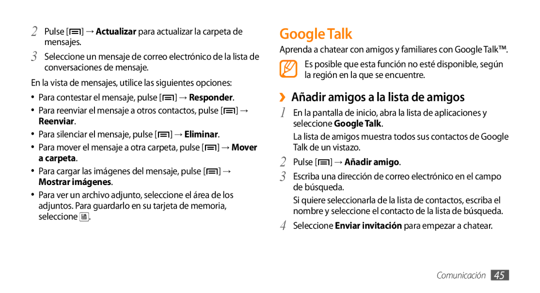 Samsung GT-I5500CWAFOP, GT-I5500YKAFOP manual Google Talk, ››Añadir amigos a la lista de amigos, Pulse → Añadir amigo 