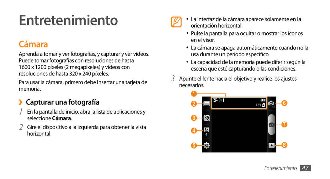 Samsung GT-I5500CWAFOP, GT-I5500YKAFOP manual Entretenimiento, ››Capturar una fotografía, Seleccione Cámara, Horizontal 