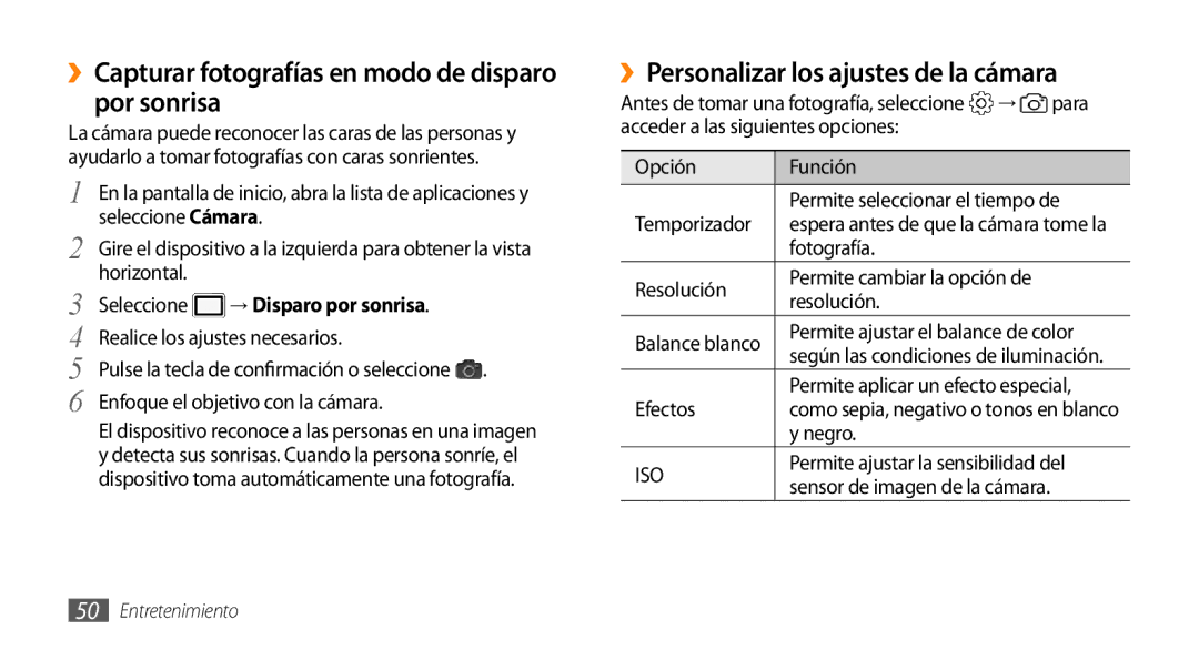 Samsung GT-I5500YKAFOP ››Capturar fotografías en modo de disparo por sonrisa, ››Personalizar los ajustes de la cámara 