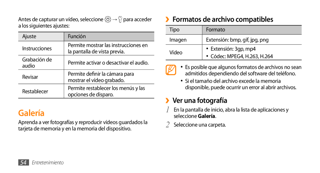 Samsung GT-I5500YKAFOP, GT-I5500CWAFOP manual Galería, ››Formatos de archivo compatibles, ››Ver una fotografía 