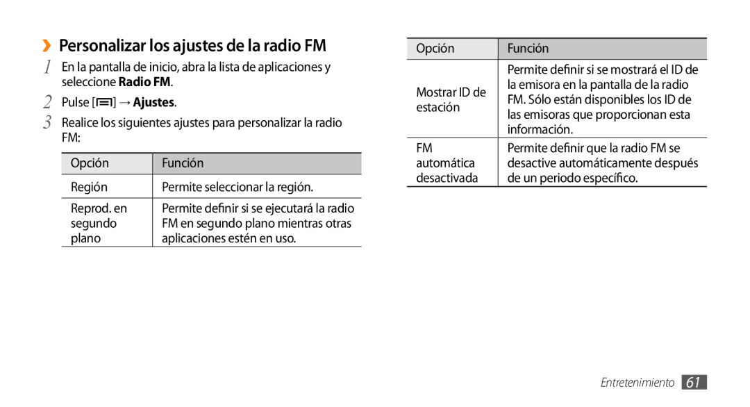 Samsung GT-I5500CWAFOP, GT-I5500YKAFOP manual ››Personalizar los ajustes de la radio FM 