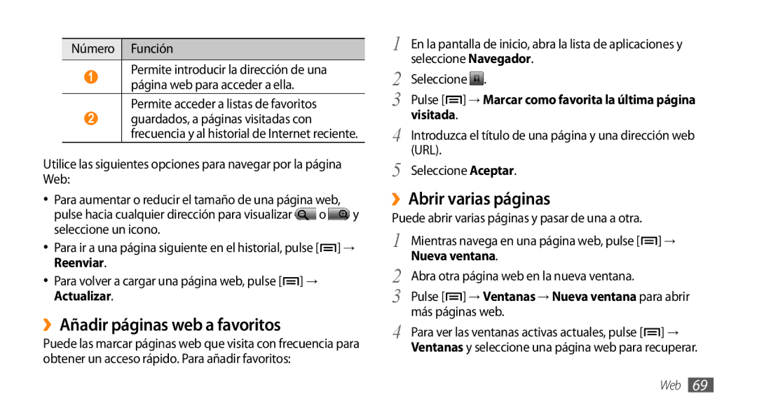 Samsung GT-I5500CWAFOP, GT-I5500YKAFOP manual ››Añadir páginas web a favoritos, ››Abrir varias páginas 