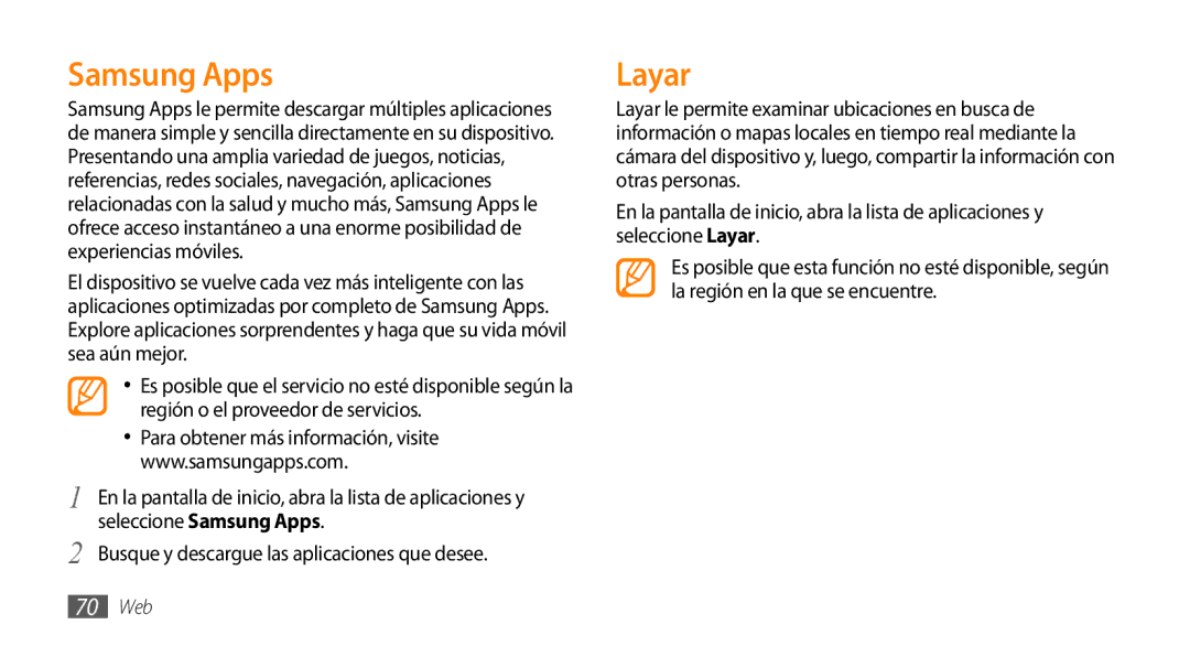 Samsung GT-I5500YKAFOP, GT-I5500CWAFOP manual Samsung Apps, Layar, Busque y descargue las aplicaciones que desee 