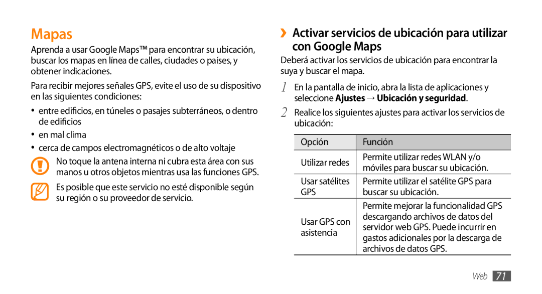 Samsung GT-I5500CWAFOP Mapas, Permite utilizar redes Wlan y/o, Buscar su ubicación, Asistencia, Archivos de datos GPS 