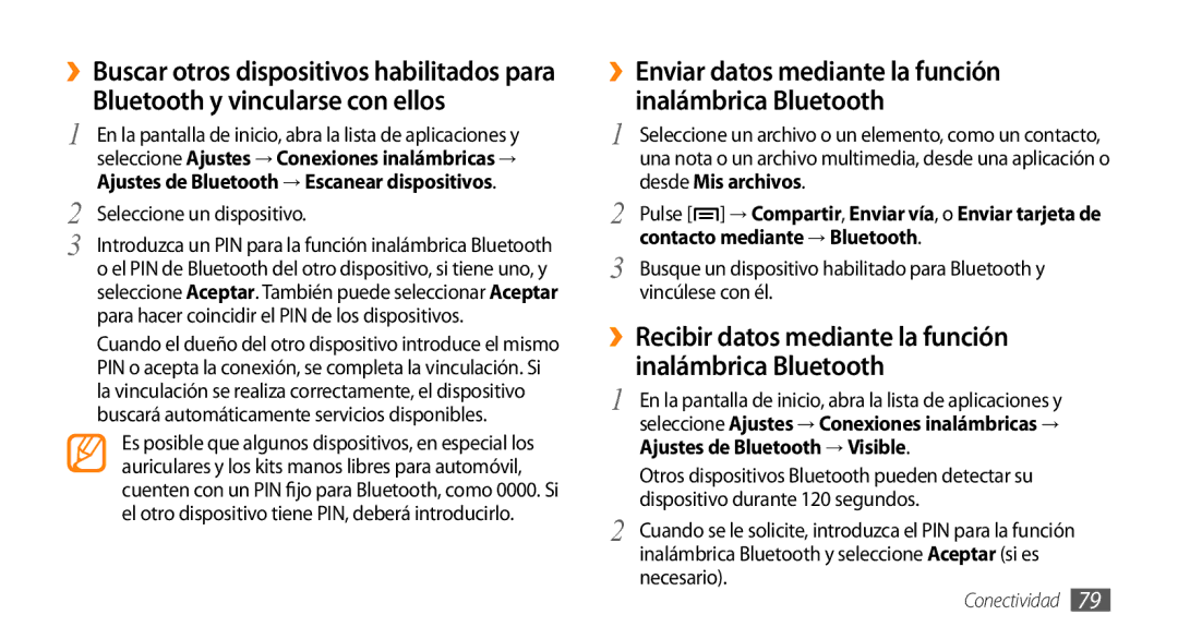 Samsung GT-I5500CWAFOP manual Bluetooth y vincularse con ellos, ››Enviar datos mediante la función inalámbrica Bluetooth 