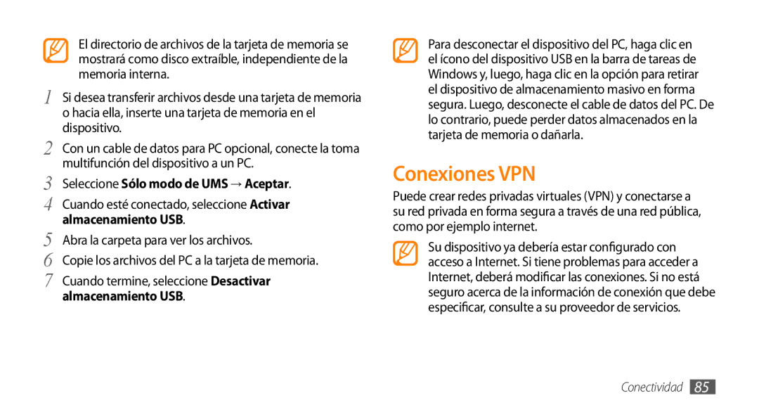 Samsung GT-I5500CWAFOP, GT-I5500YKAFOP manual Conexiones VPN, Seleccione Sólo modo de UMS → Aceptar 