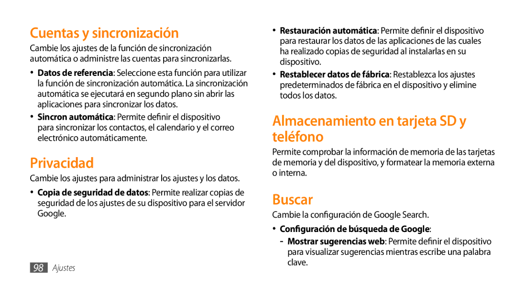 Samsung GT-I5500YKAFOP manual Cuentas y sincronización, Privacidad, Almacenamiento en tarjeta SD y teléfono, Buscar 