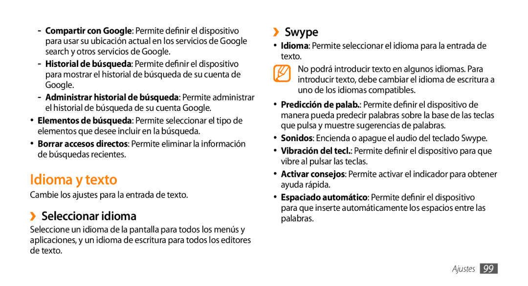 Samsung GT-I5500CWAFOP manual Idioma y texto, ››Seleccionar idioma, ››Swype, Cambie los ajustes para la entrada de texto 