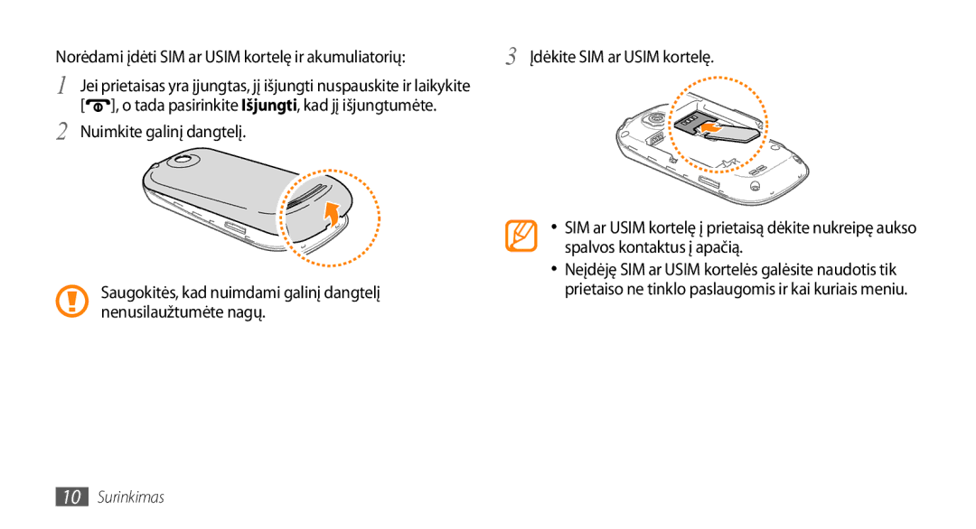 Samsung GT-I5500YKASEB, GT-I5500CWASEB manual Nuimkite galinį dangtelį, Norėdami įdėti SIM ar Usim kortelę ir akumuliatorių 