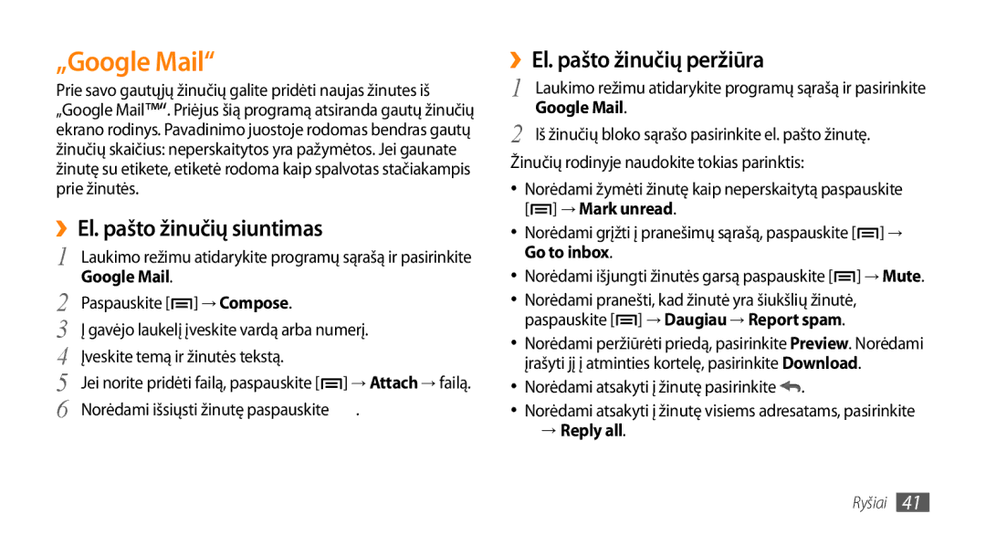 Samsung GT-I5500CWASEB, GT-I5500YKASEB manual „Google Mail, ››El. pašto žinučių siuntimas, ››El. pašto žinučių peržiūra 