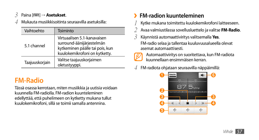 Samsung GT-I5500CWANEE, GT-I5500YKAXEE, GT-I5500YKCNEE, GT-I5500EWANEE, GT-I5500CWCNEE FM-Radio, ››FM-radion kuunteleminen 