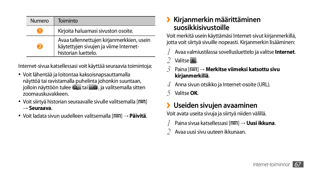 Samsung GT-I5500EWANEE manual ››Useiden sivujen avaaminen, → Seuraava, ››Kirjanmerkin määrittäminen suosikkisivustoille 