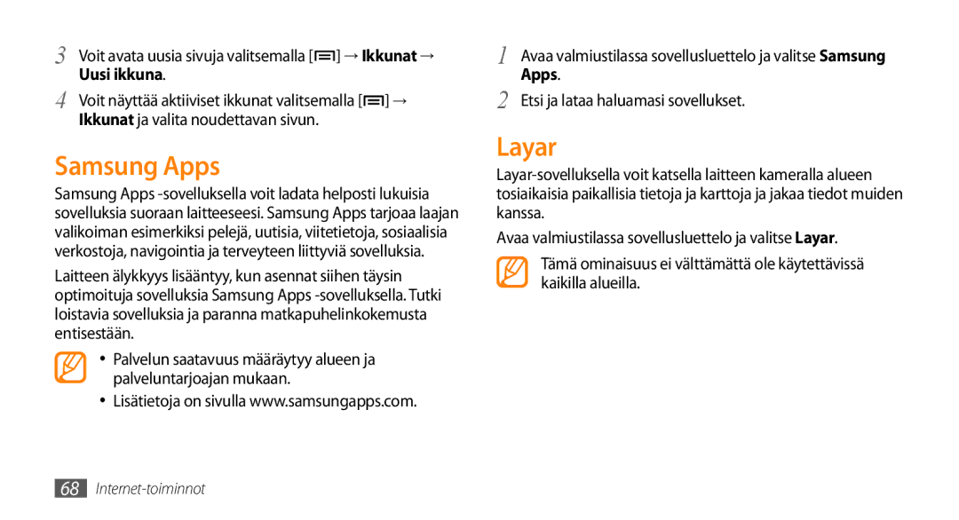 Samsung GT-I5500CWCNEE manual Samsung Apps, Layar, Ikkunat ja valita noudettavan sivun, Etsi ja lataa haluamasi sovellukset 