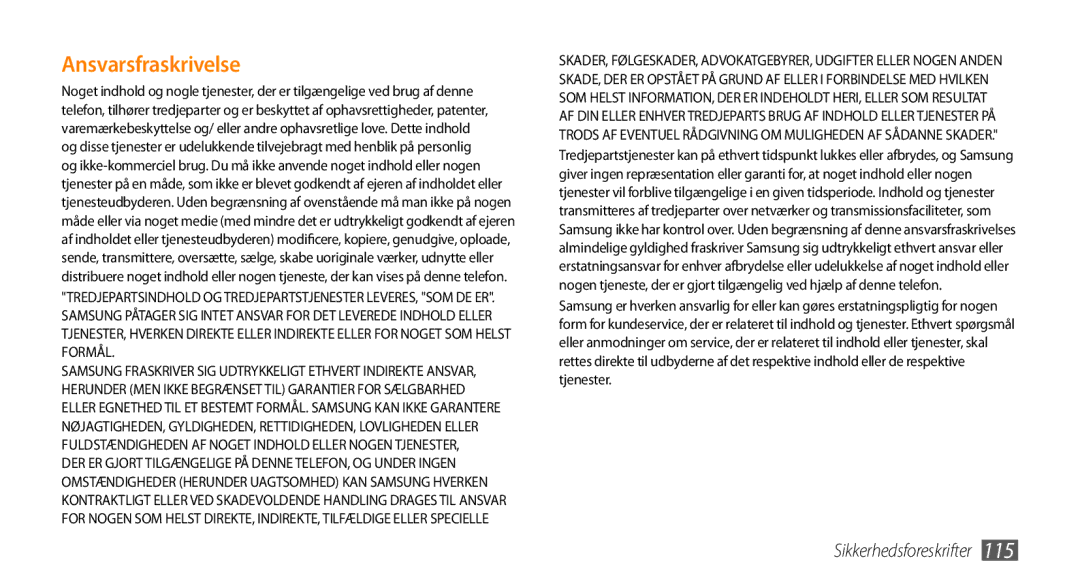 Samsung GT-I5500YKCNEE, GT-I5500YKAXEE, GT-I5500EWANEE, GT-I5500CWCNEE, GT-I5500CWANEE, GT-I5500YKANEE Ansvarsfraskrivelse 