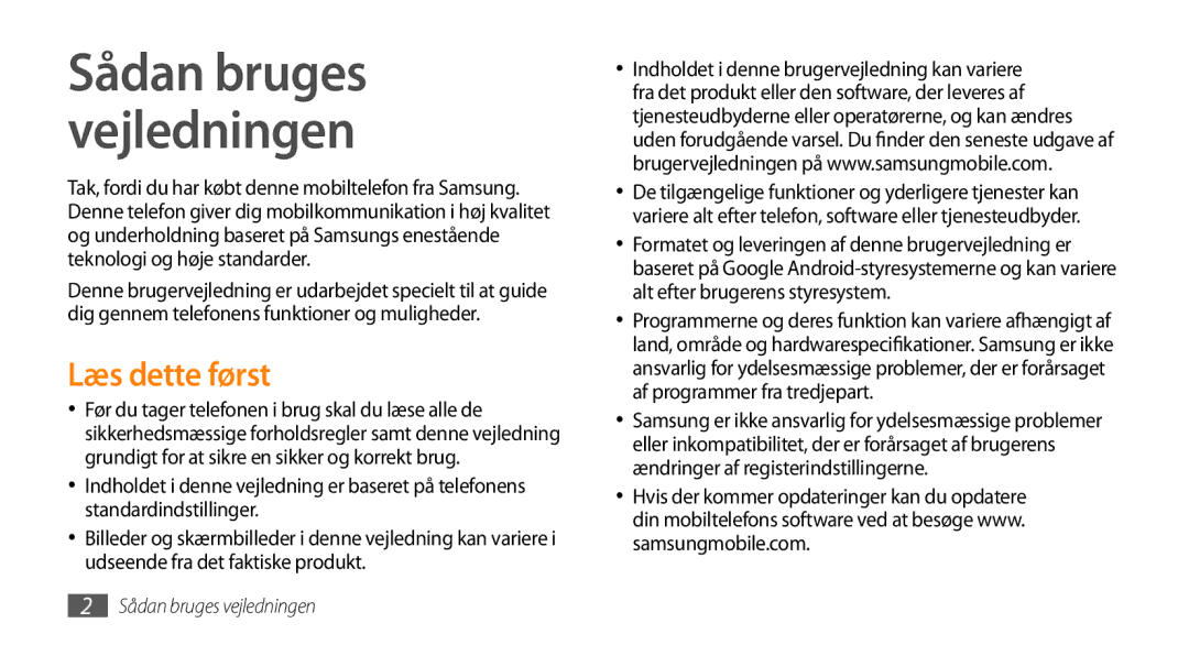 Samsung GT-I5500EWANEE, GT-I5500YKAXEE, GT-I5500YKCNEE, GT-I5500CWCNEE manual Sådan bruges vejledningen, Læs dette først 