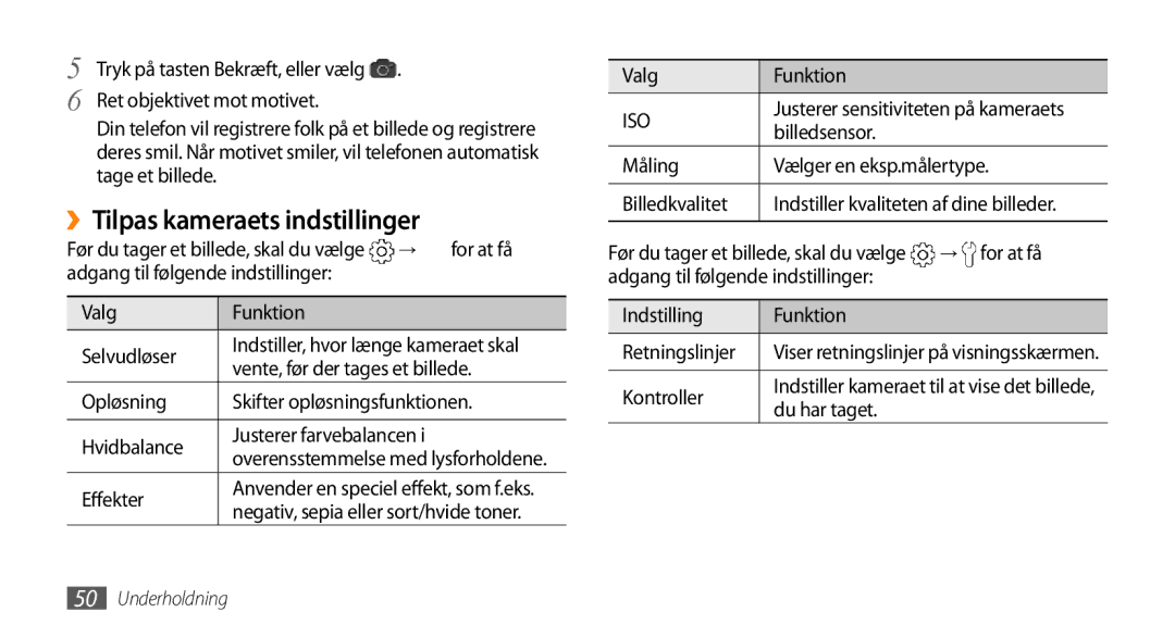 Samsung GT-I5500EWANEE, GT-I5500YKAXEE, GT-I5500YKCNEE, GT-I5500CWCNEE, GT-I5500CWANEE manual ››Tilpas kameraets indstillinger 