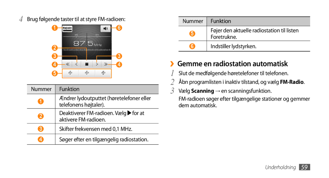 Samsung GT-I5500YKANEE, GT-I5500YKAXEE manual ››Gemme en radiostation automatisk, Vælg Scanning → en scanningsfunktion 