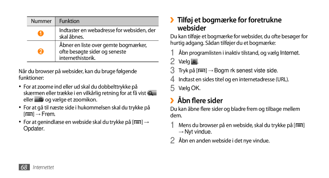 Samsung GT-I5500EWANEE, GT-I5500YKAXEE manual ››Tilføj et bogmærke for foretrukne websider, ››Åbn flere sider, → Nyt vindue 