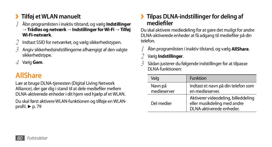 Samsung GT-I5500EWANEE manual AllShare, ››Tilføj et Wlan manuelt, ››Tilpas DLNA-indstillinger for deling af mediefiler 