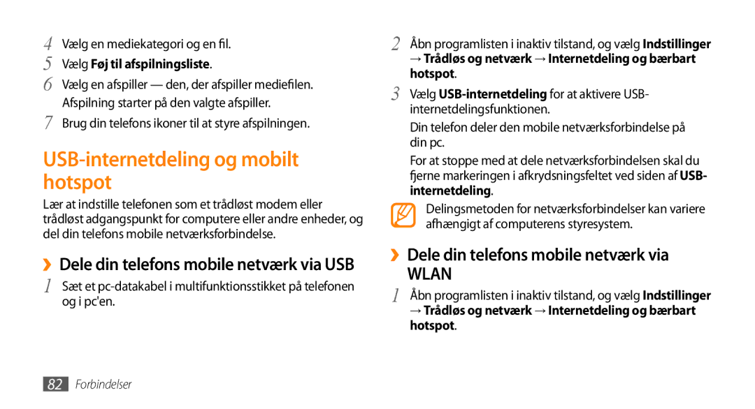 Samsung GT-I5500CWANEE, GT-I5500YKAXEE manual USB-internetdeling og mobilt hotspot, ››Dele din telefons mobile netværk via 