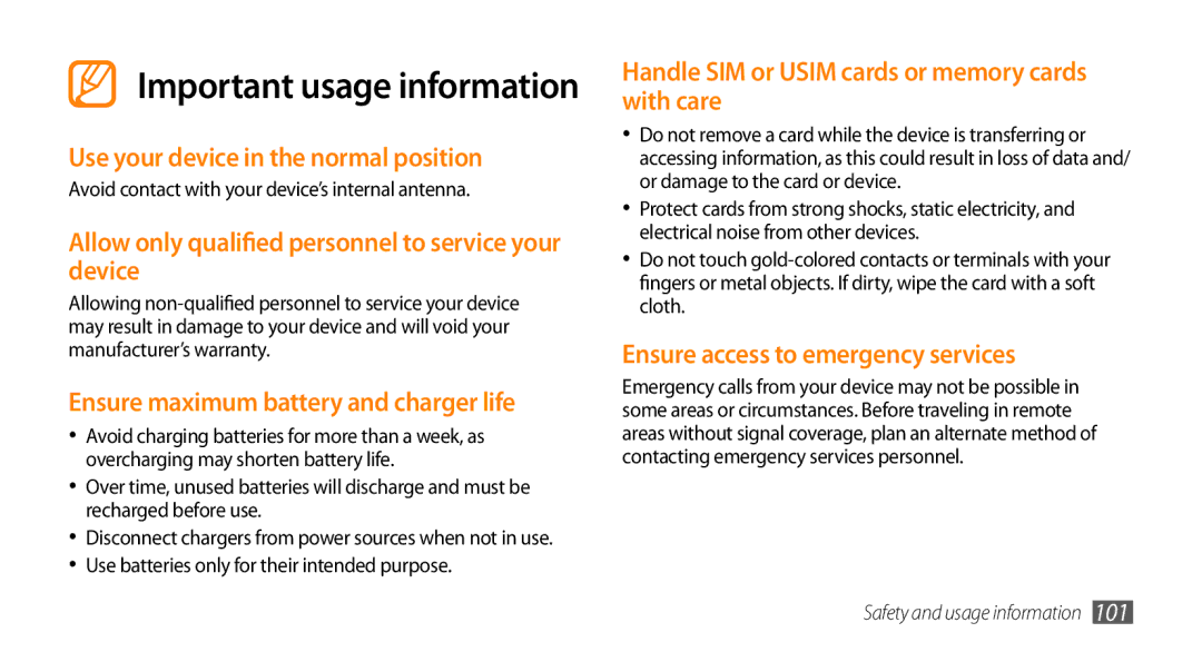 Samsung GT-I5503 user manual Use your device in the normal position, Allow only qualified personnel to service your device 