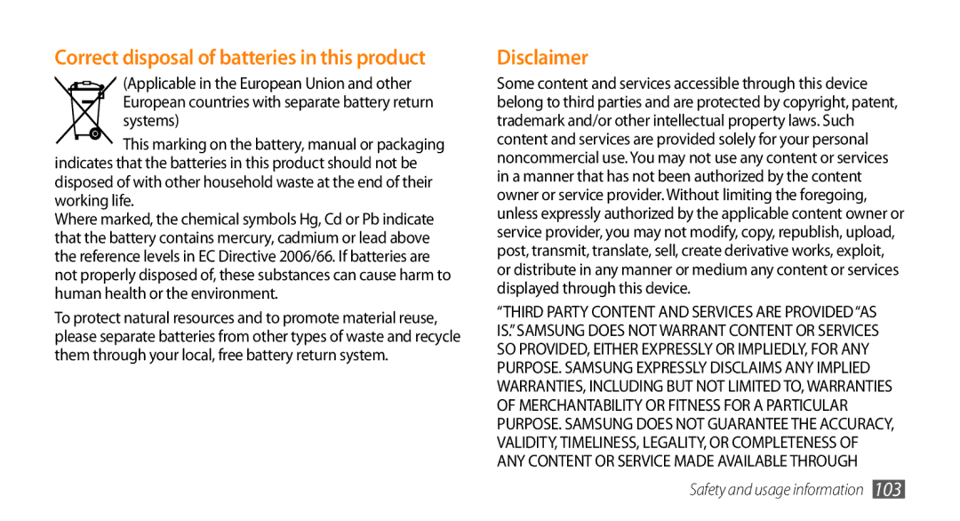 Samsung GT-I5503 user manual Disclaimer, Correct disposal of batteries in this product 