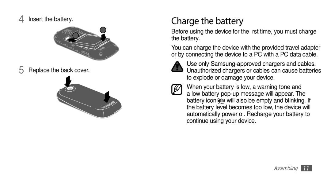 Samsung GT-I5503 user manual Charge the battery, Insert the battery Replace the back cover 