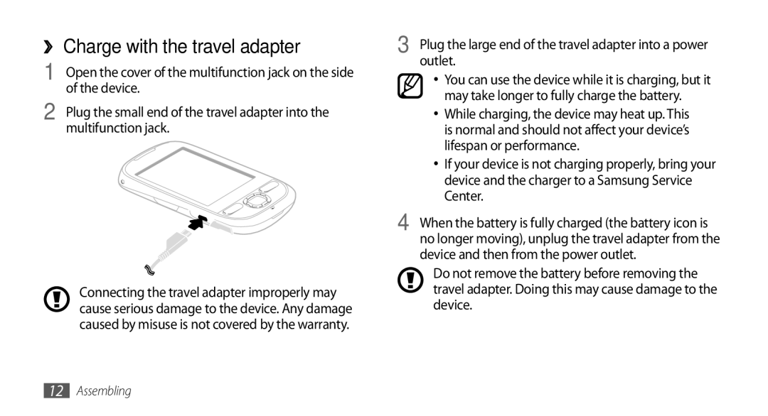 Samsung GT-I5503 user manual ›› Charge with the travel adapter, Device, Multifunction jack, Outlet 