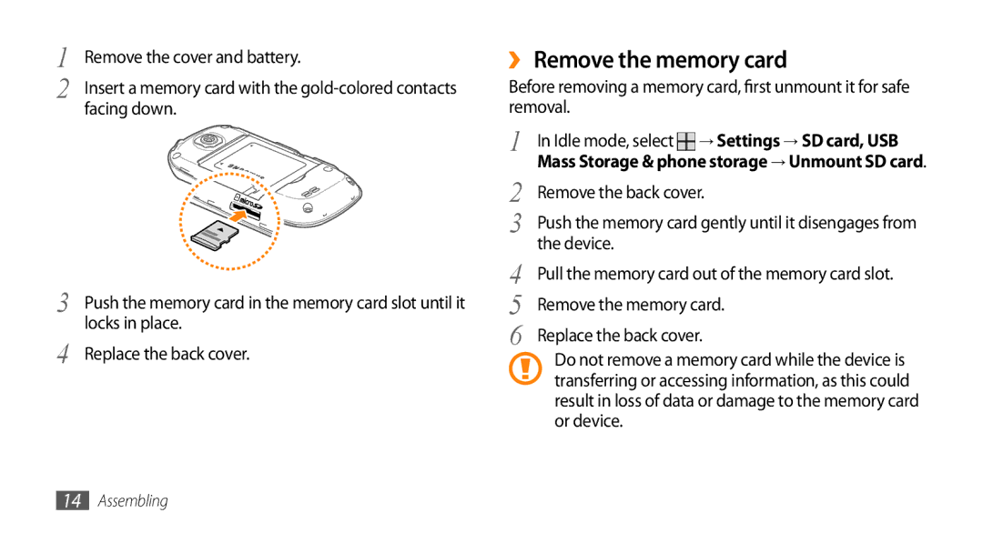 Samsung GT-I5503 user manual ›› Remove the memory card, Facing down, Locks in place 