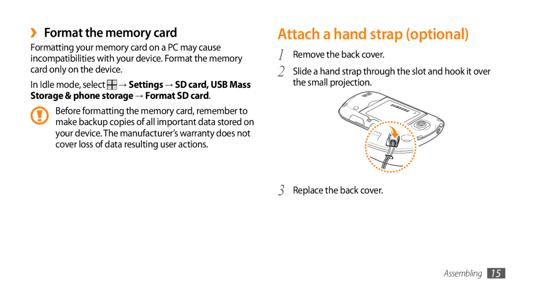 Samsung GT-I5503 user manual Attach a hand strap optional, ›› Format the memory card, Small projection 