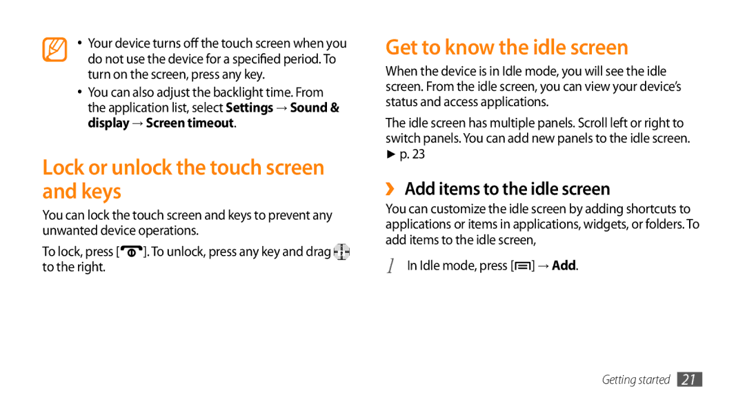 Samsung GT-I5503 Lock or unlock the touch screen and keys, Get to know the idle screen, ›› Add items to the idle screen 