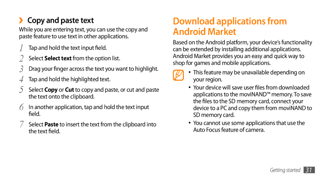 Samsung GT-I5503 user manual Download applications from Android Market, ›› Copy and paste text 