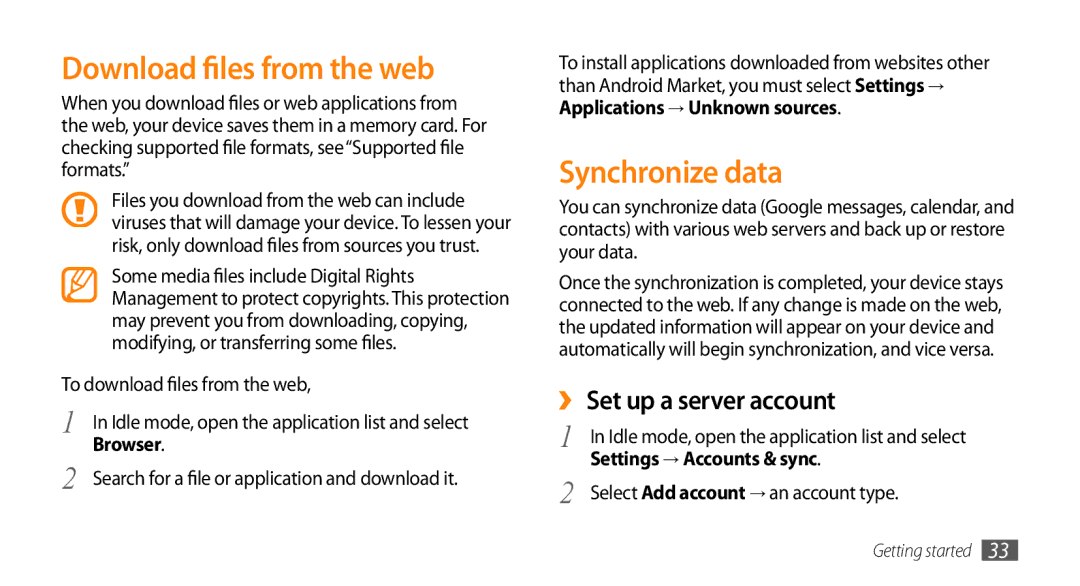 Samsung GT-I5503 user manual Download files from the web, Synchronize data, ›› Set up a server account, Browser 