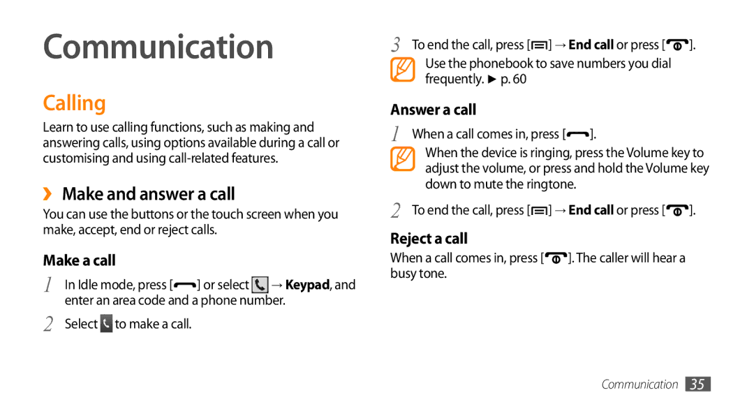 Samsung GT-I5503 user manual Communication, Calling, ›› Make and answer a call 