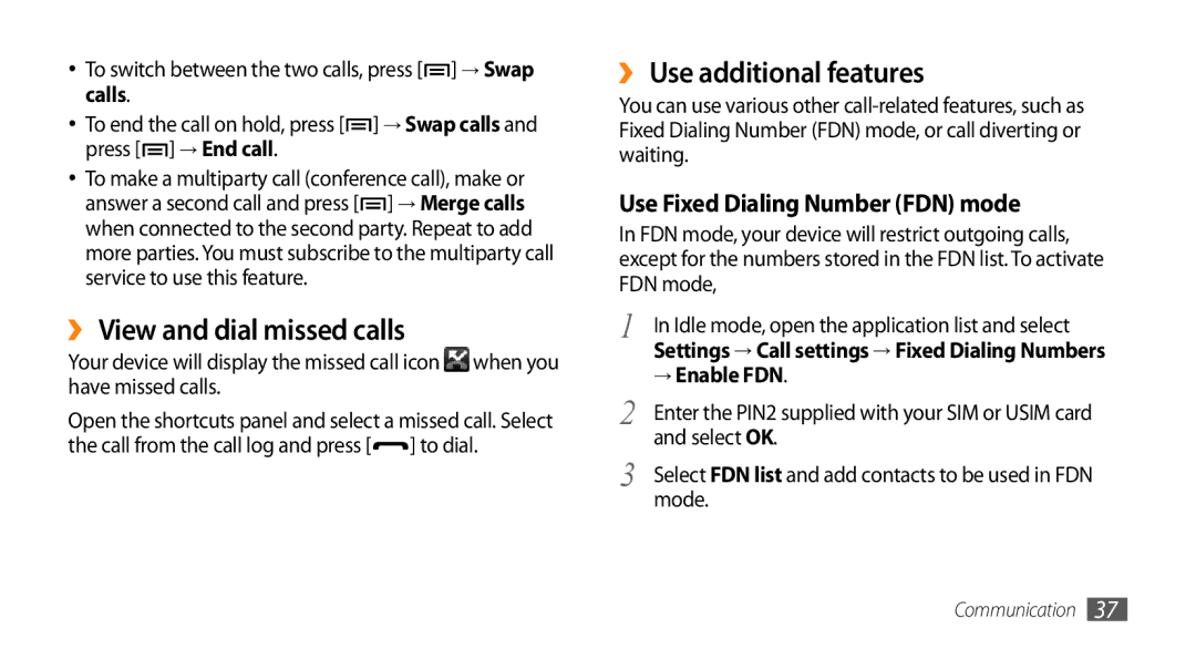 Samsung GT-I5503 user manual ›› View and dial missed calls, ›› Use additional features, → Enable FDN, Mode 