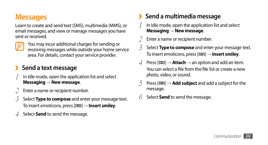 Samsung GT-I5503 user manual Messages, ›› Send a text message, ›› Send a multimedia message, Messaging → New message 