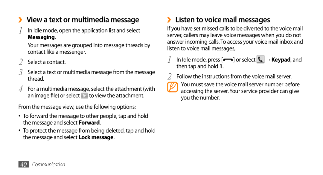 Samsung GT-I5503 user manual ›› View a text or multimedia message, ›› Listen to voice mail messages, Messaging 