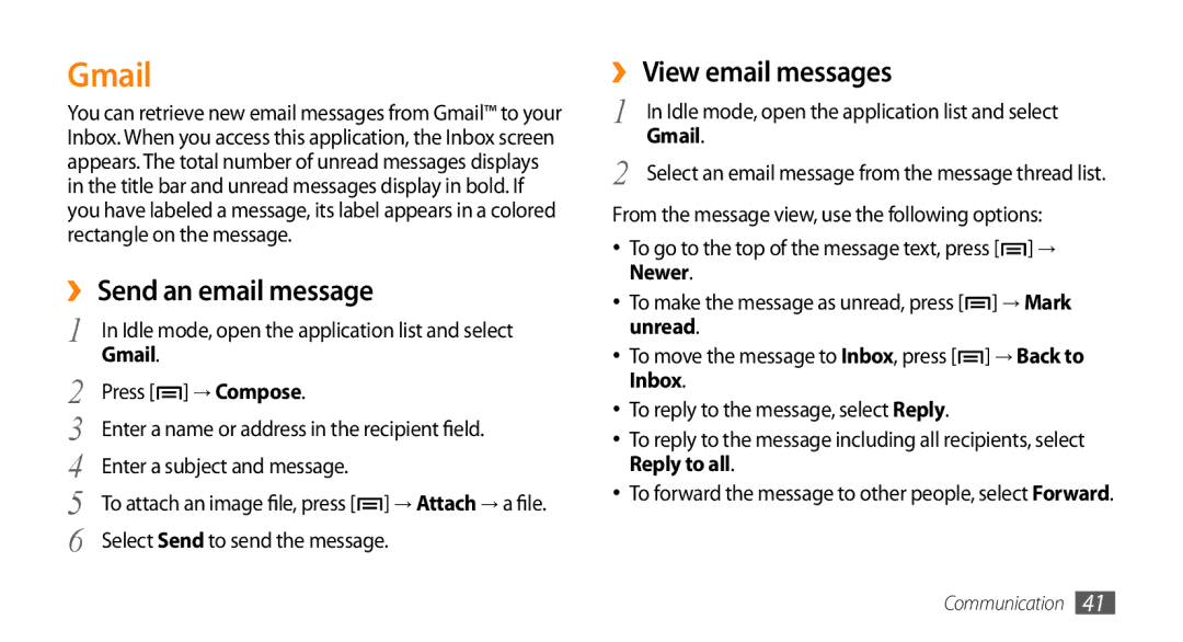 Samsung GT-I5503 user manual Gmail, ›› Send an email message, ›› View email messages 