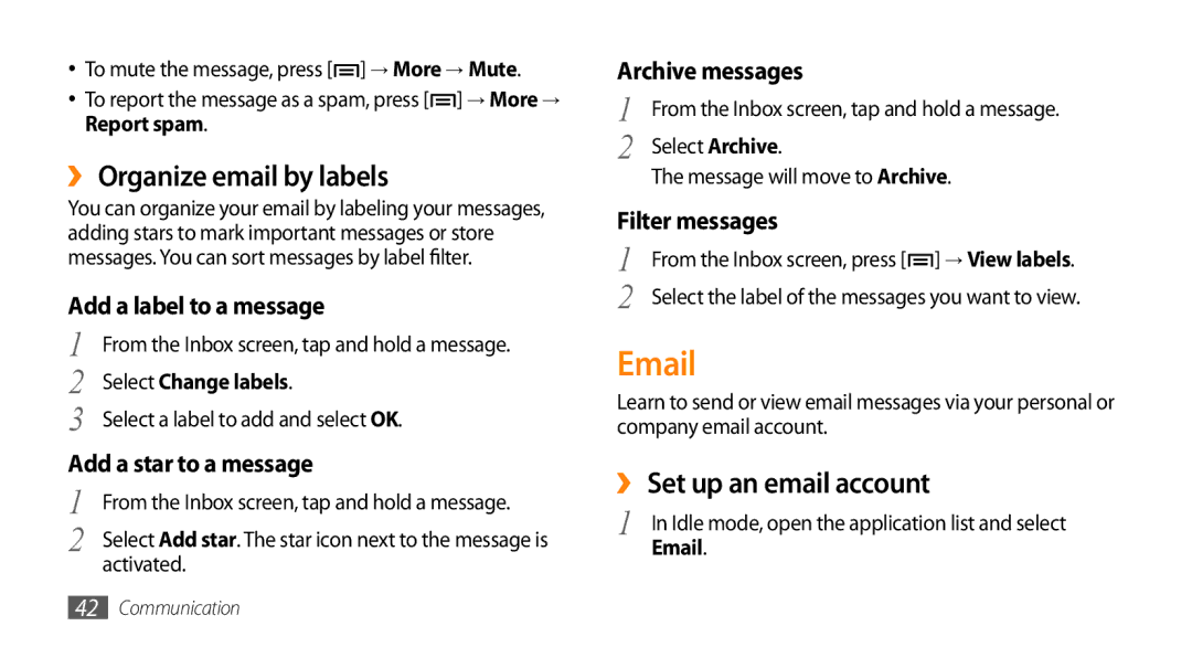 Samsung GT-I5503 user manual ›› Organize email by labels, ›› Set up an email account, Select Change labels 