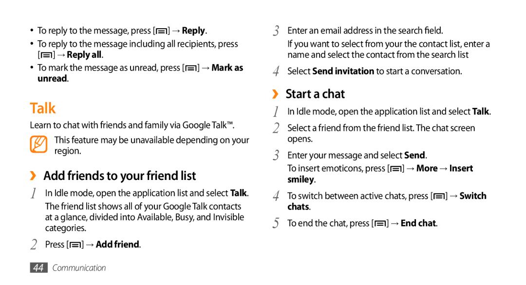 Samsung GT-I5503 user manual Talk, ›› Add friends to your friend list, ›› Start a chat 