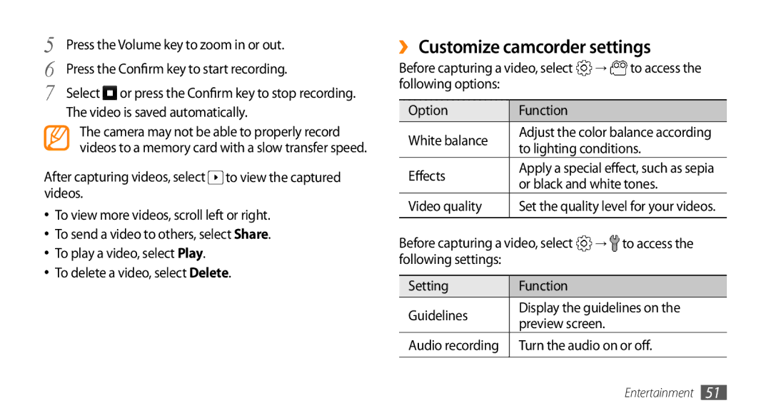 Samsung GT-I5503 user manual ›› Customize camcorder settings 