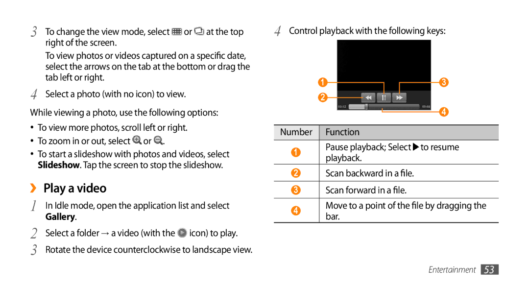 Samsung GT-I5503 user manual ›› Play a video, Right of the screen, Control playback with the following keys 