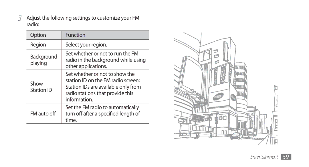 Samsung GT-I5503 Radio Option Function Region Select your region, Playing, Other applications, Set whether or not to show 