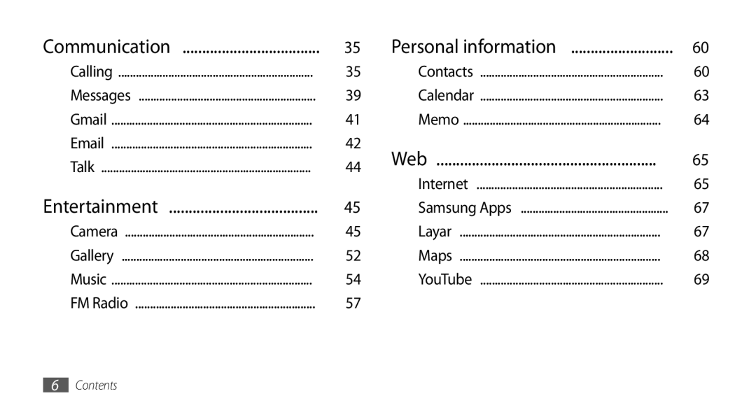 Samsung GT-I5503 user manual Communication Personal information, Web, Entertainment 